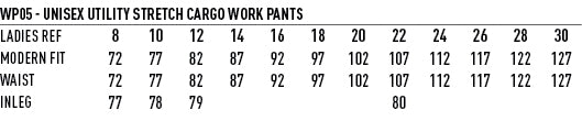 Utility Stretch Cargo Work Pants size chart