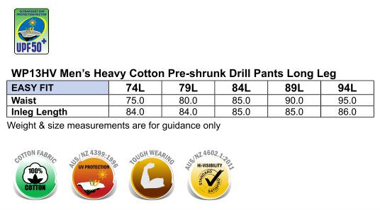 3M Taped Drill LONG Pants size chart