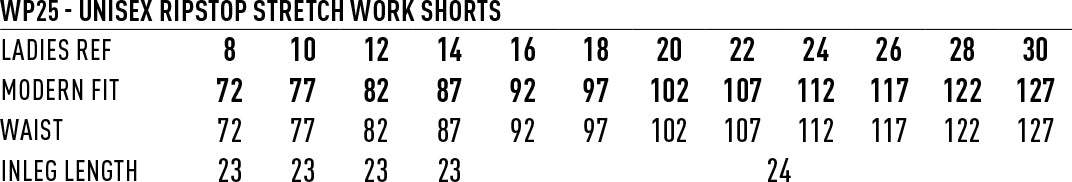 Ripstop Stretch Work Shorts size chart
