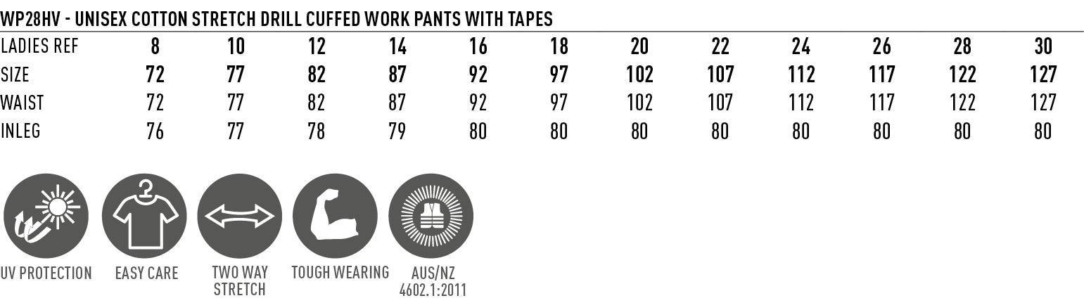 PLANETT Taped Cotton Stretch Cuffed Work Pants size chart