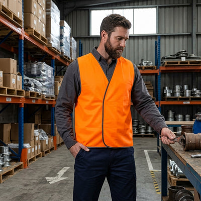 A man wearing a bright orange high-visibility safety vest over a dark gray long-sleeve shirt and navy pants, standing in a warehouse aisle with shelves of boxes and parts in the background.