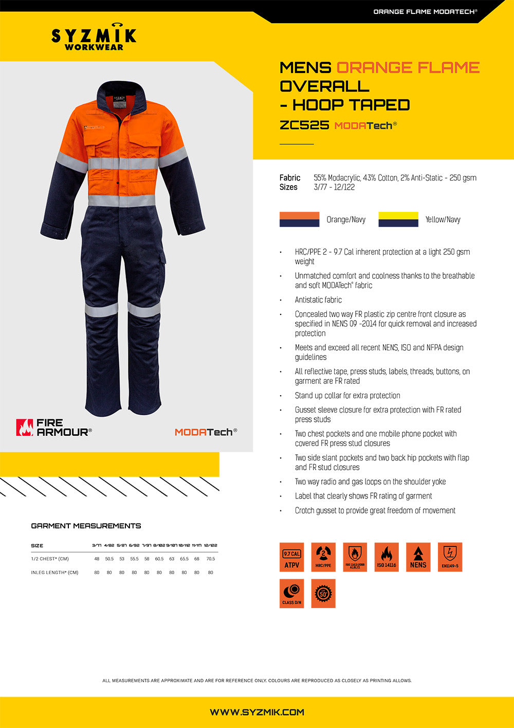 Syzmic Orange Flame HRC 2 Hoop Taped Splice Overall size chart