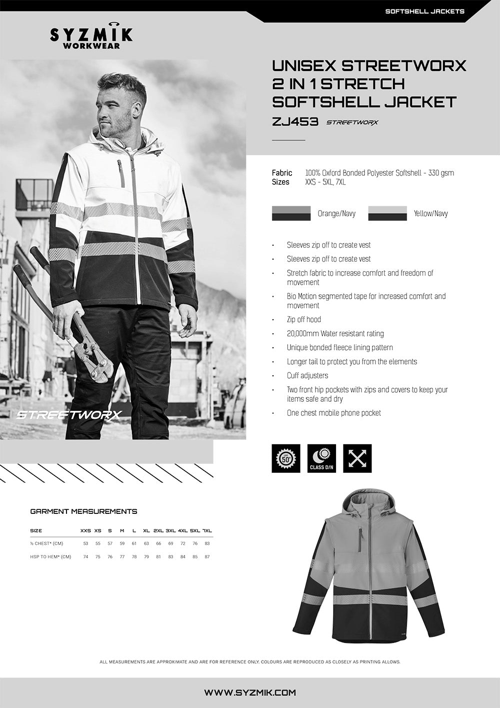 Syzmic 2in1 Stretch Softshell Taped Jacket size chart
