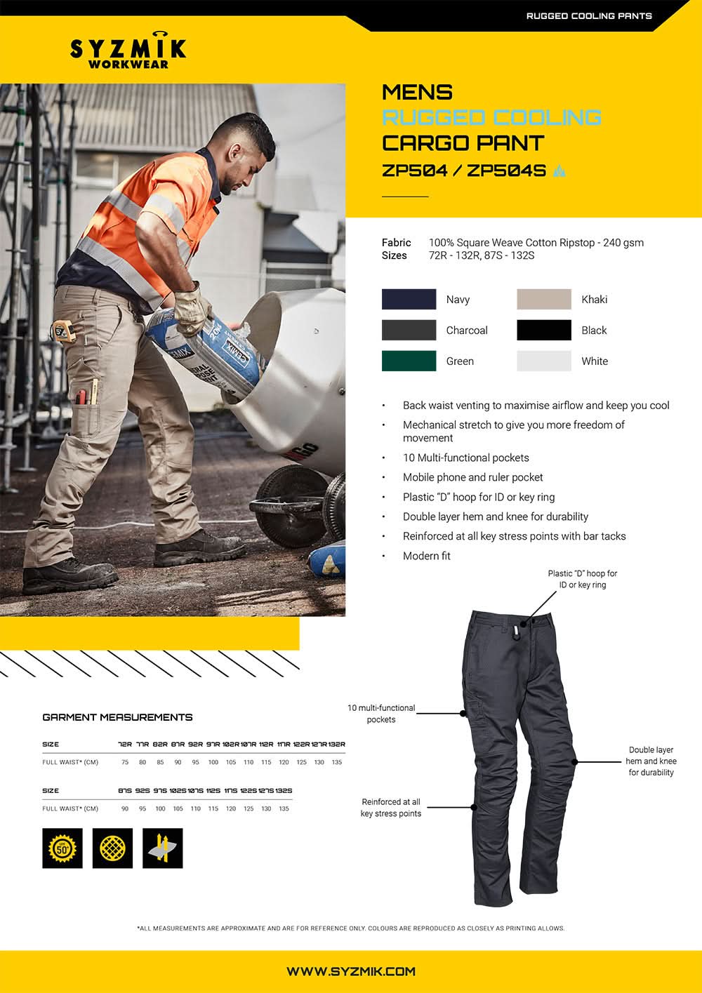 Syzmik Rugged Cooling Cargo Pant size chart