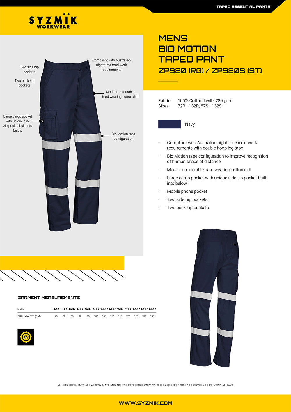 Syzmik BIO Motion Taped Pant size chart
