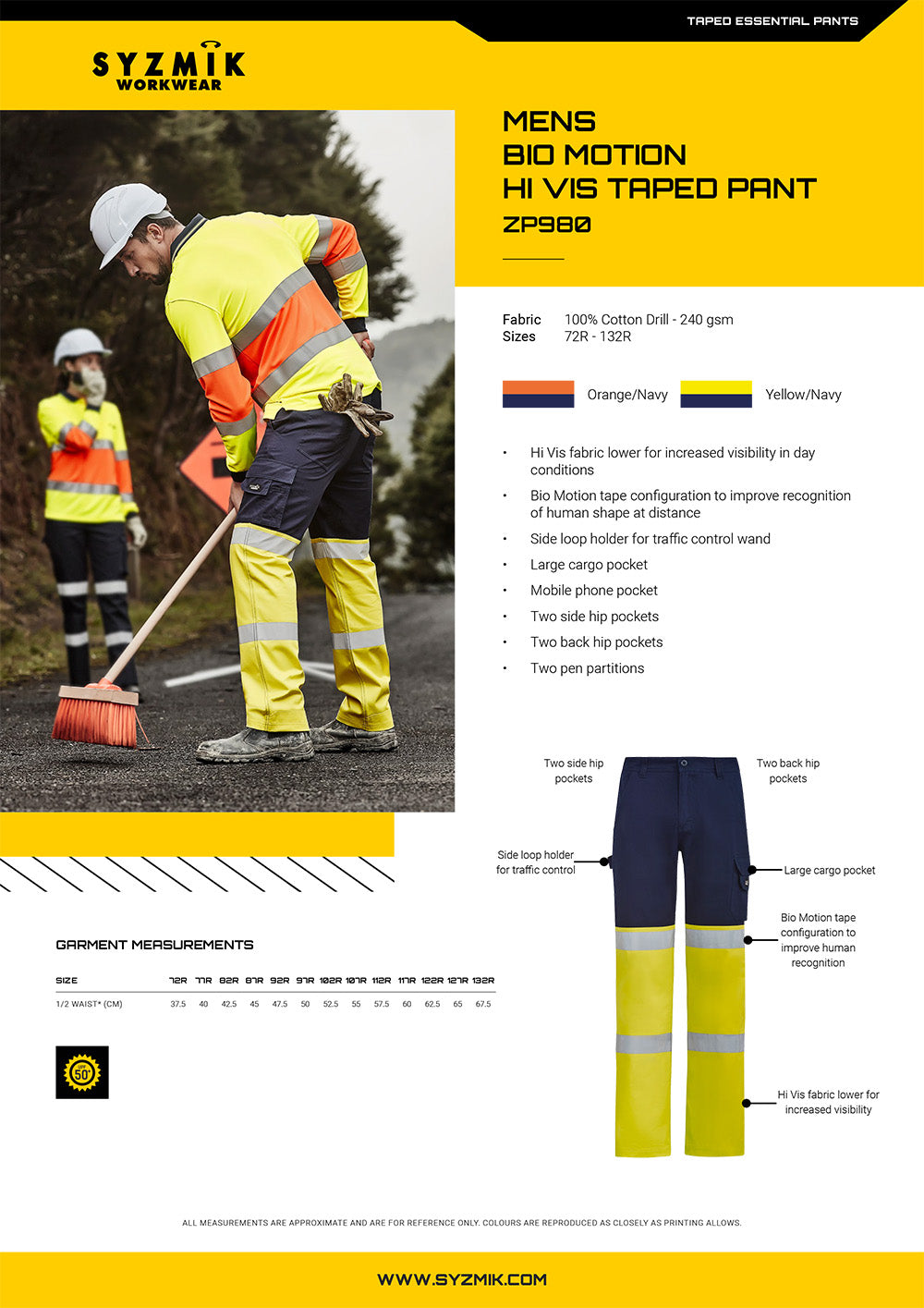 Syzmik BIO Motion HiVis Taped Pant size chart