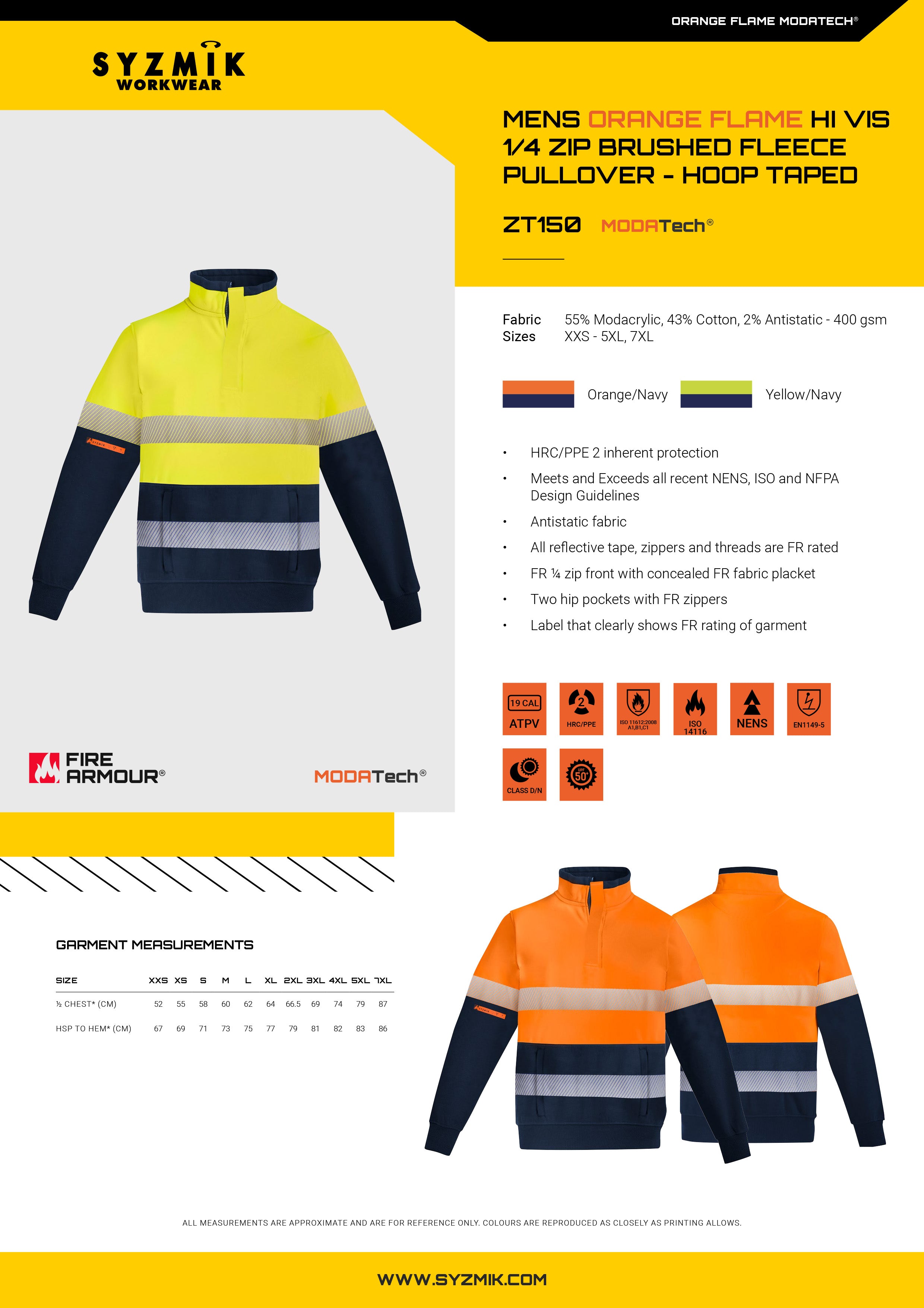Syzmik Orange Flame HRC 2 Hoop Taped Zip Brushed Fleece size chart