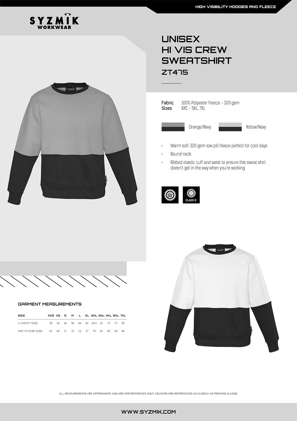 Syzmik HiVis Crew Sweatshirt size chart