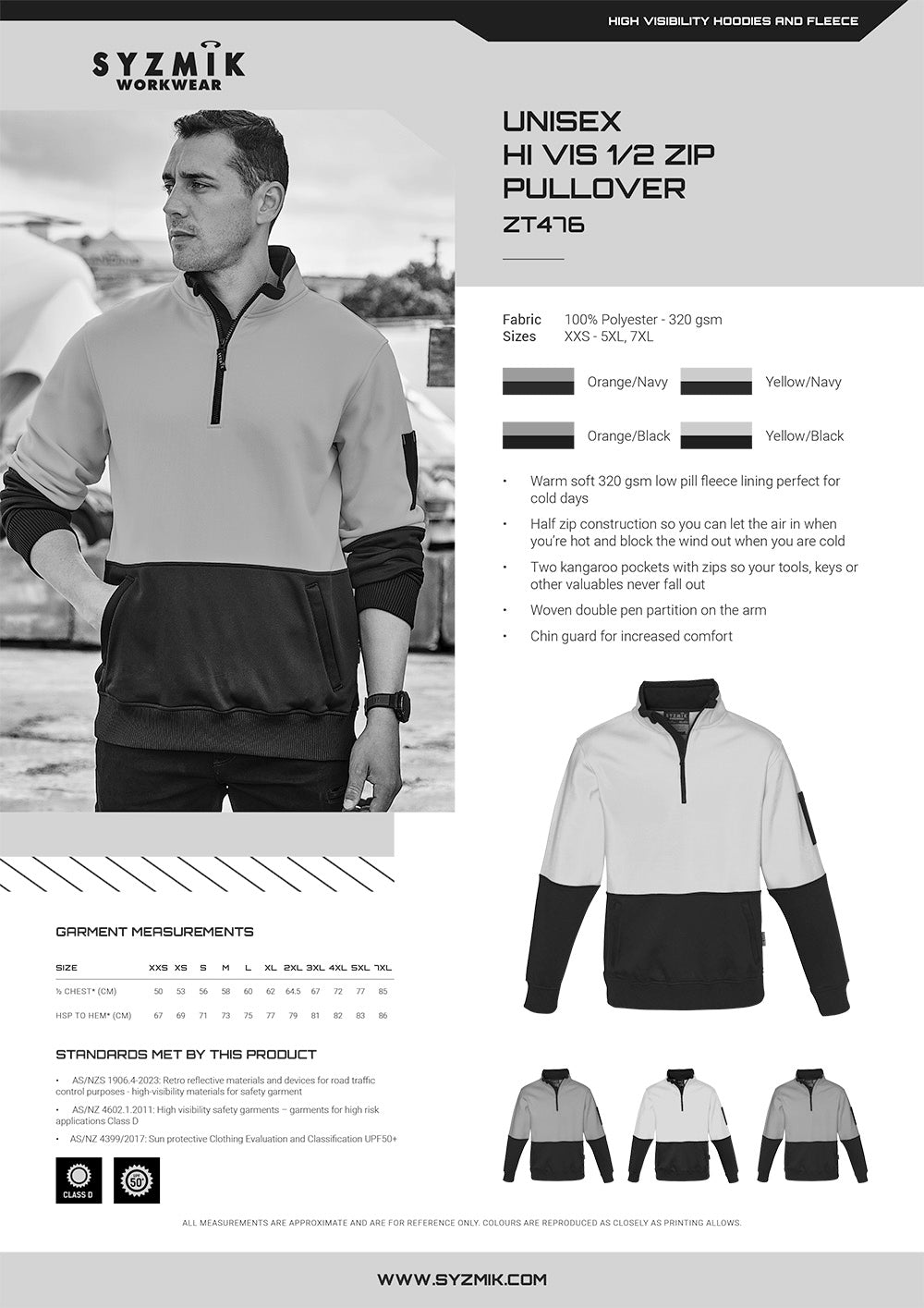 Syzmik HiVis Half Zip Pullover size chart