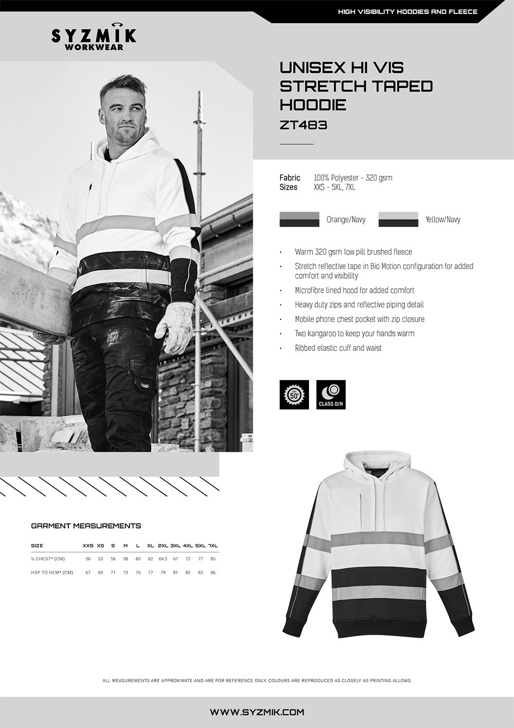 Syzmik HiVis Stretch Taped Hoodie size chart