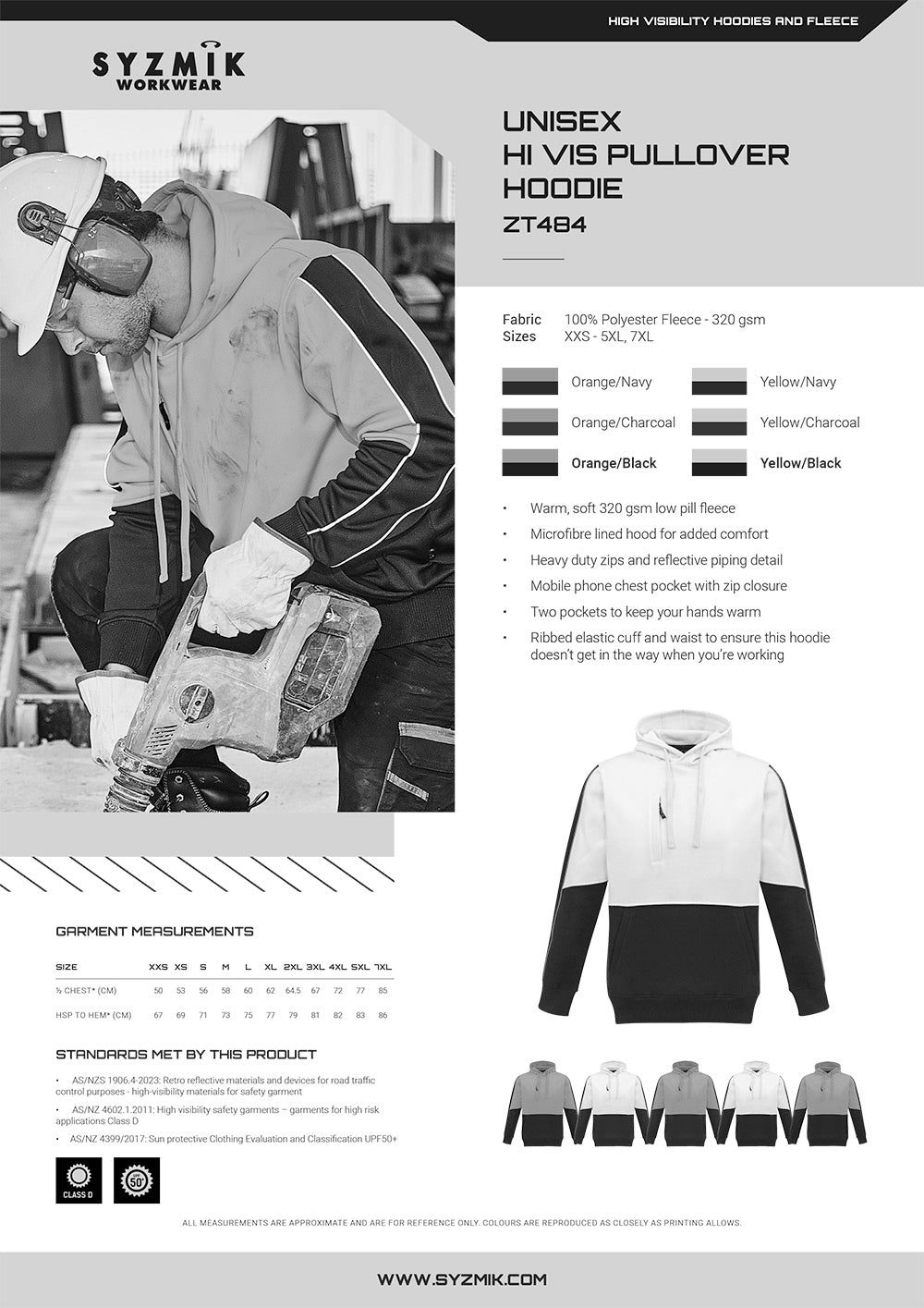 HiVis Pullover Hoodie size chart