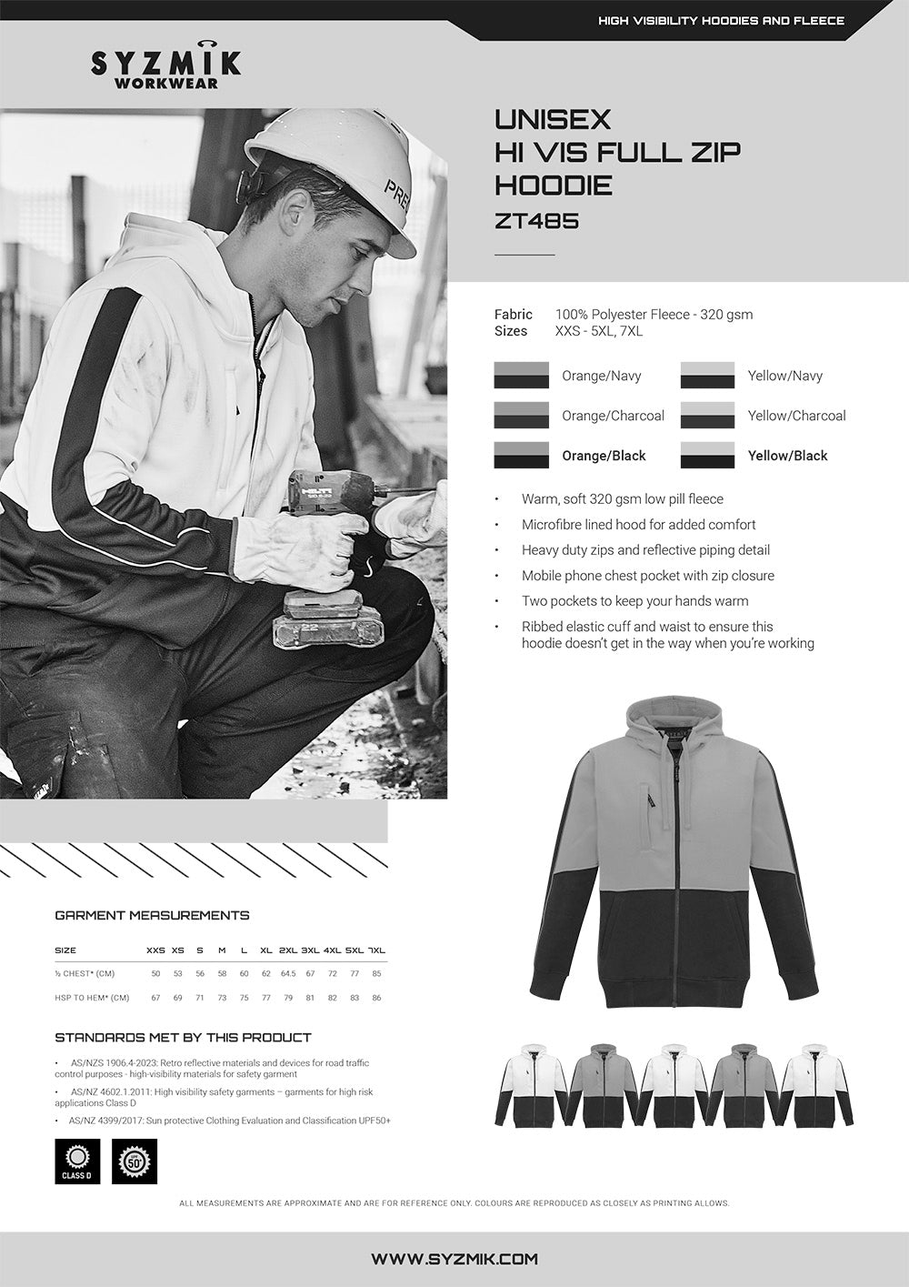 Syzmik HiVis Full Zip Hoodie size chart