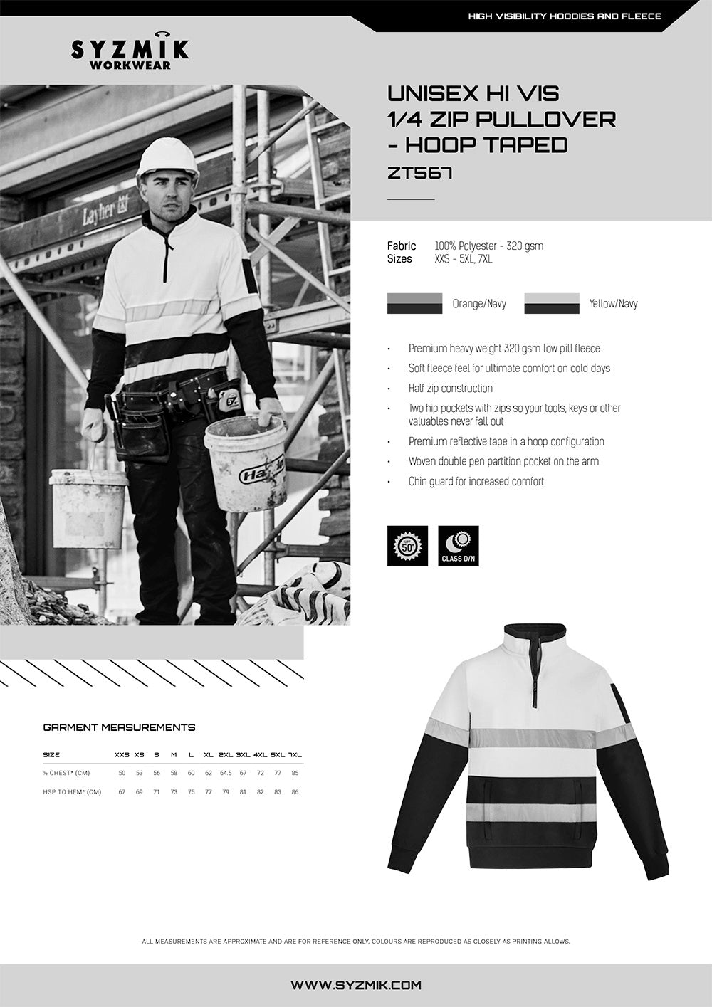 Syzmic HiVis Zip Taped Pullover size chart