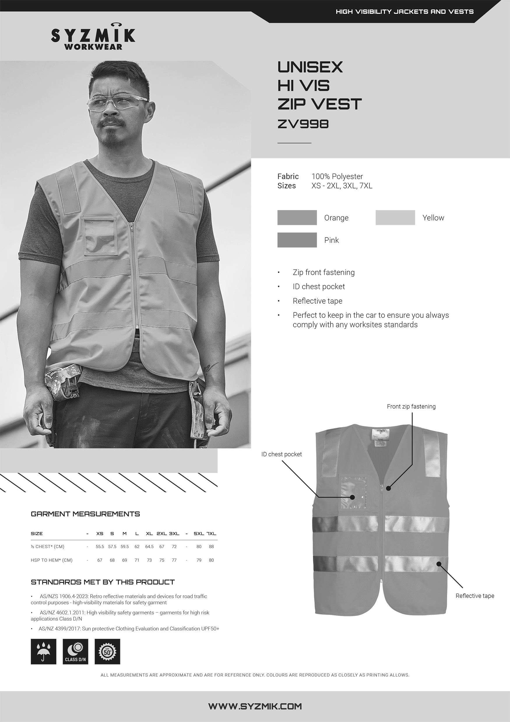 Syzmic HiVis Full Zip Vest size chart