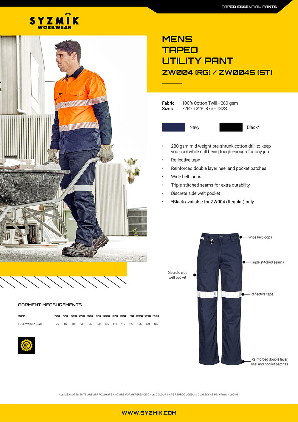 Syzmik Taped Utility Pant size chart