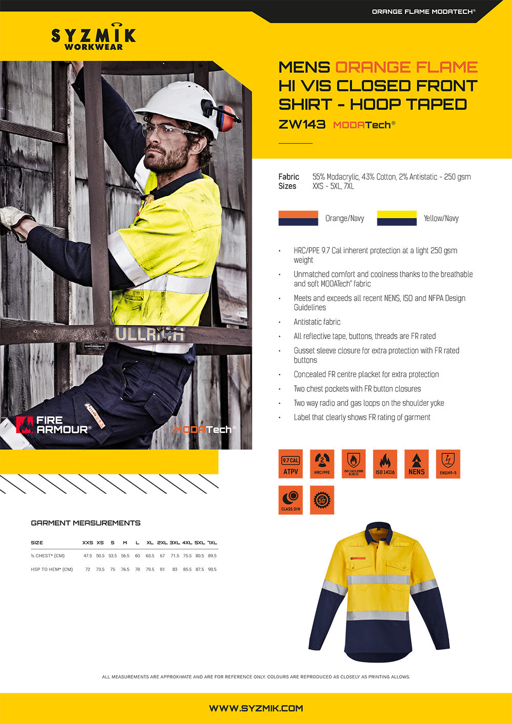 Syzmik Orange Flame HRC 2 Hoop Taped Closed Front Spliced Shirt size chart