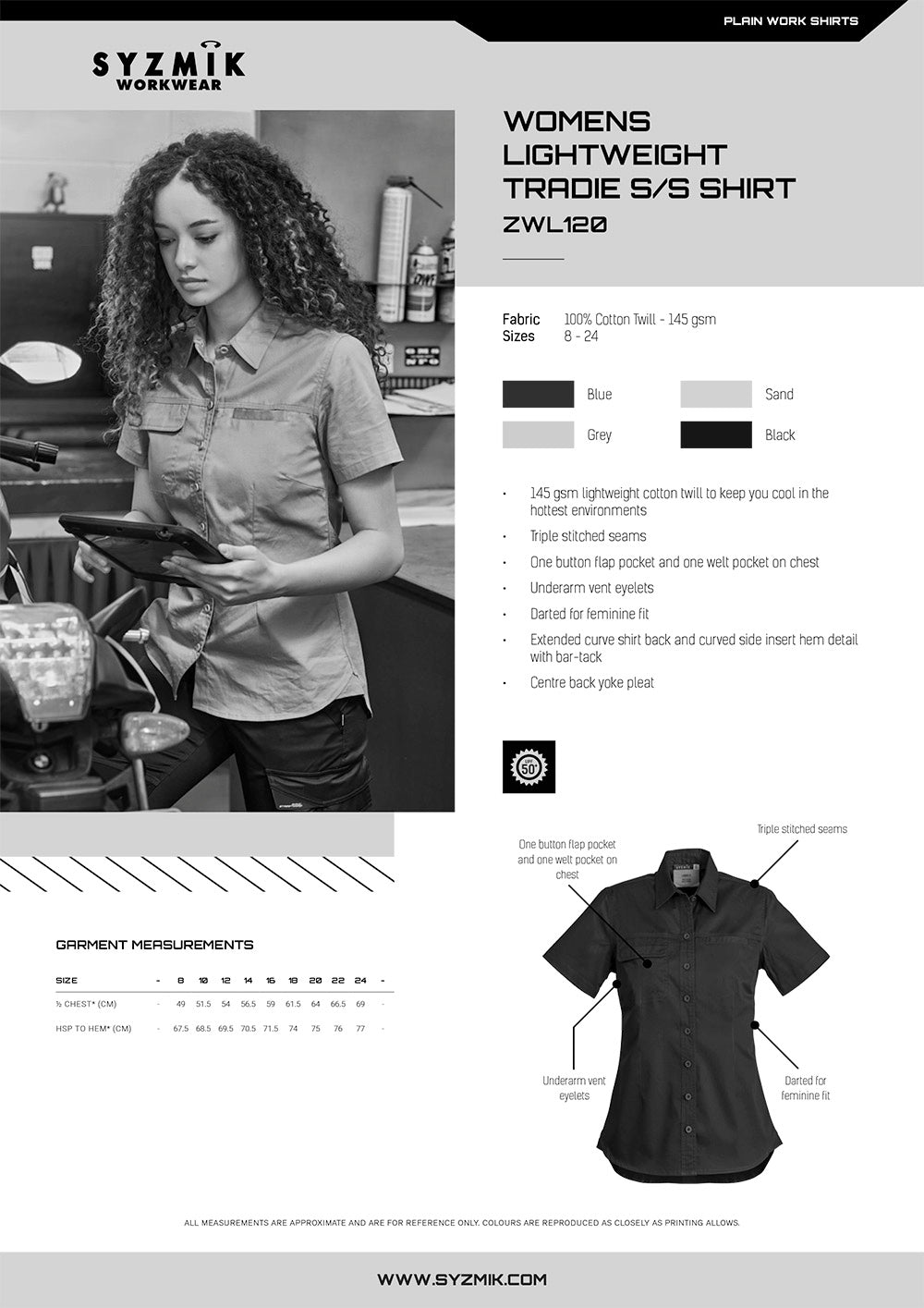 Syzmic Womens Light Weight SS Tradie Shirt size chart