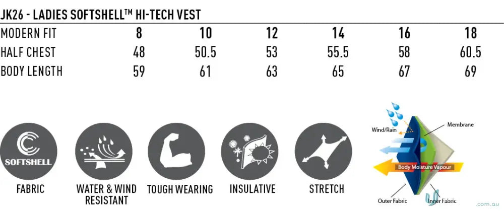 Aidacare EMBx1 Ladies Softshell Vest size chart and features for work uniforms