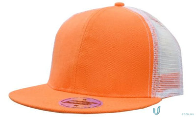 Orange and white trucker hat from American Twil Mesh Snapback stock range, high inch wide centimeter design