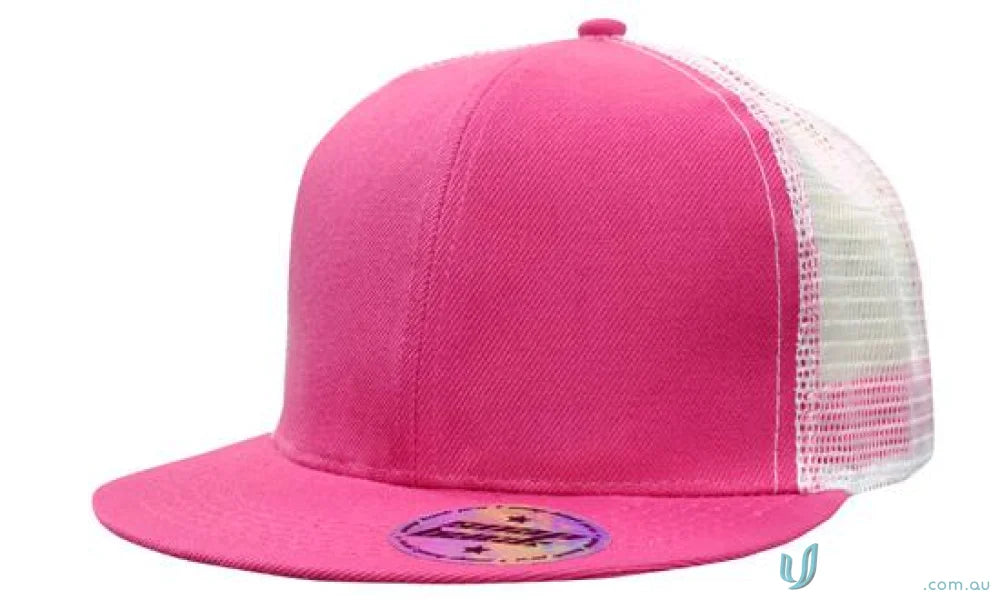 Pink and white trucker hat from American Twil Mesh Snapback stock range, wide fit