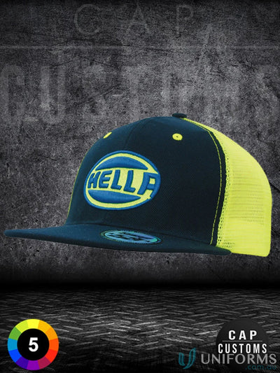Black and yellow HELLA trucker hat from American Twill Mesh Snapback, perfect for uniforms or workwear FAQ link included
