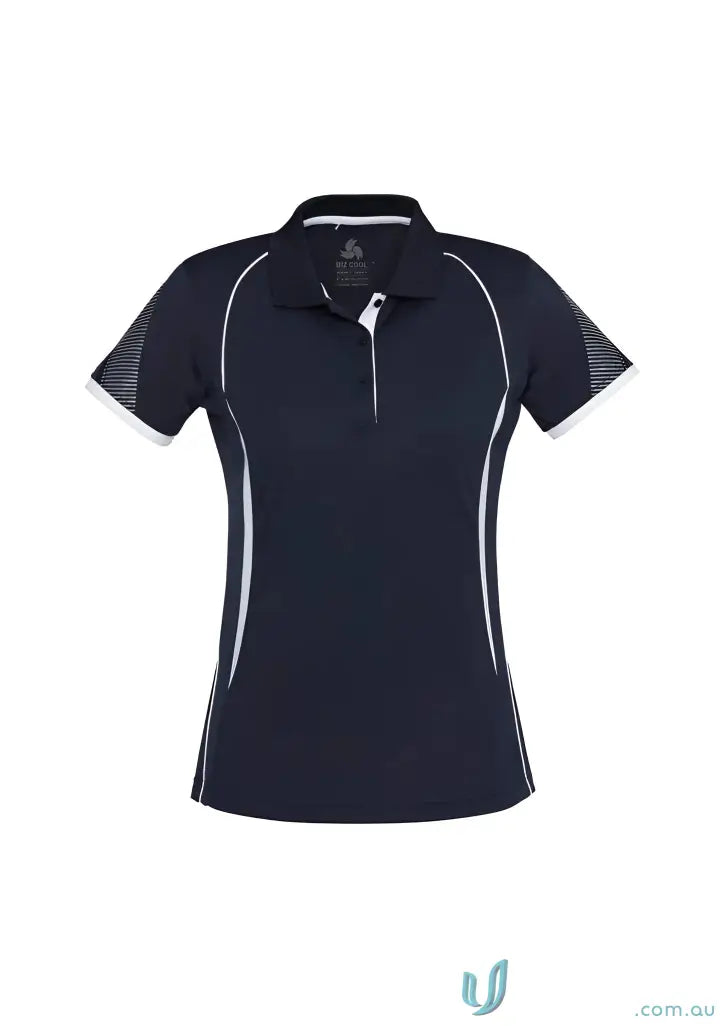 Arjo Ladies Polo with navy blue color, white piping, mesh sleeves, perfect for work uniforms