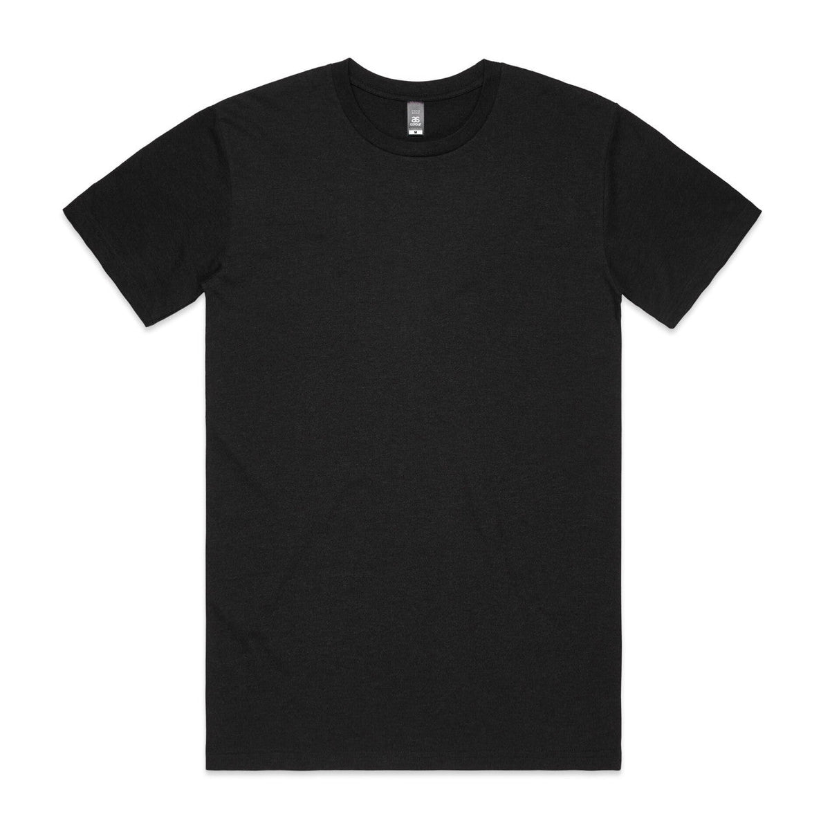 Black crew neck t-shirt with short sleeves and a ribbed neckline.