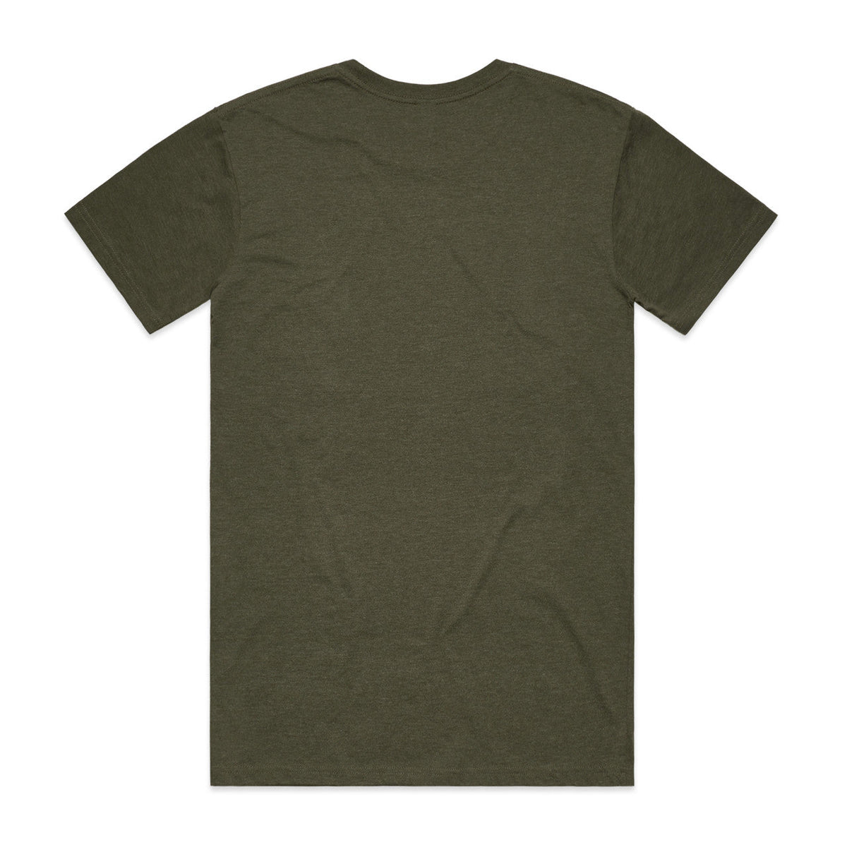 Olive green t-shirt with short sleeves and a crew neck.