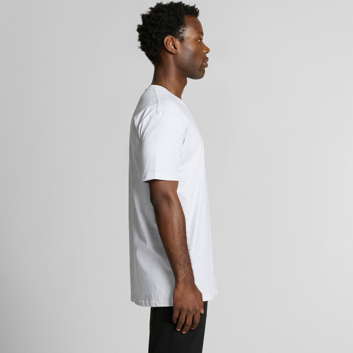 White crew neck t-shirt with black logo on left chest.