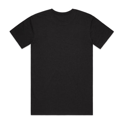 Black plain t-shirt with short sleeves and crew neck.
