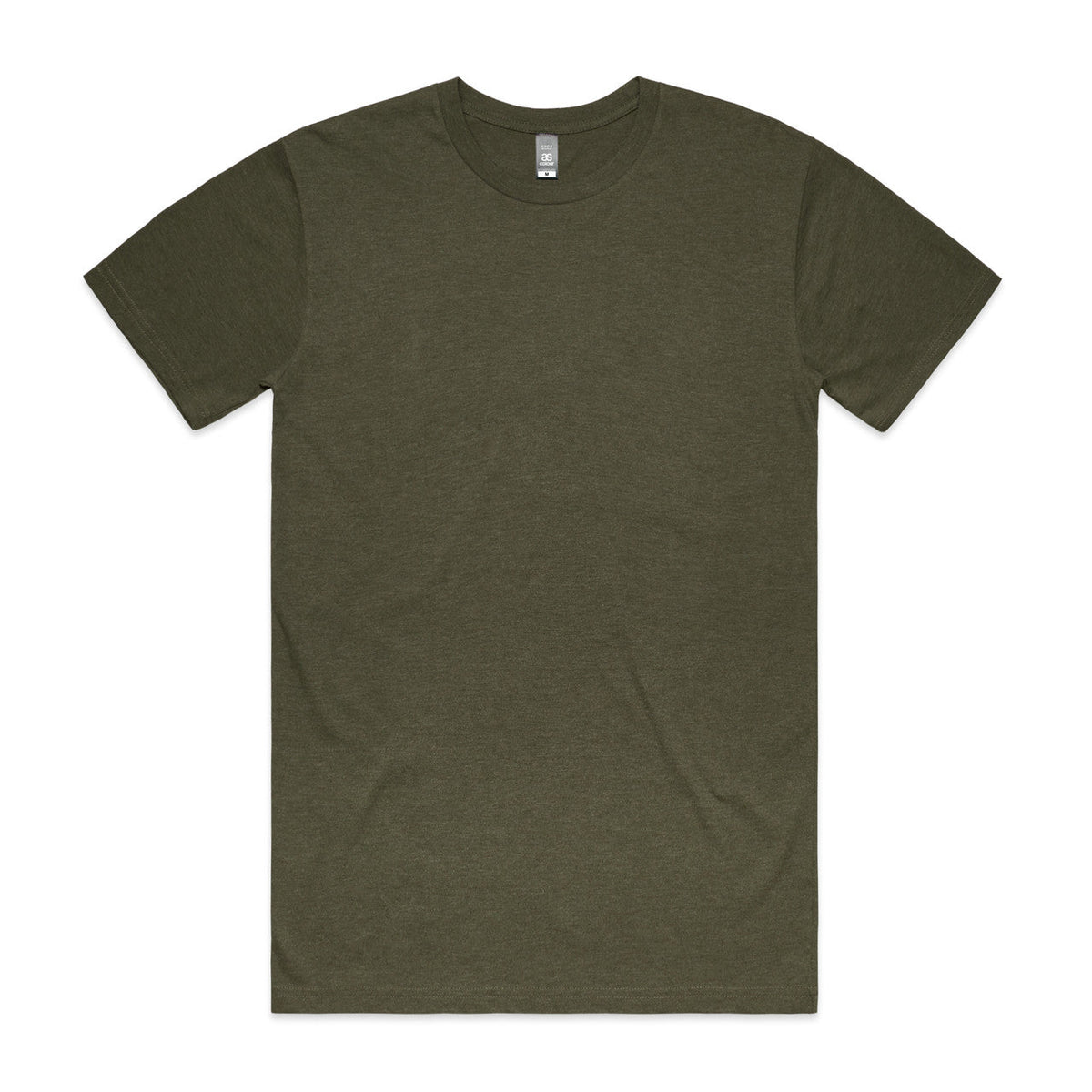 Olive green crew neck t-shirt with short sleeves and a ribbed neckline.