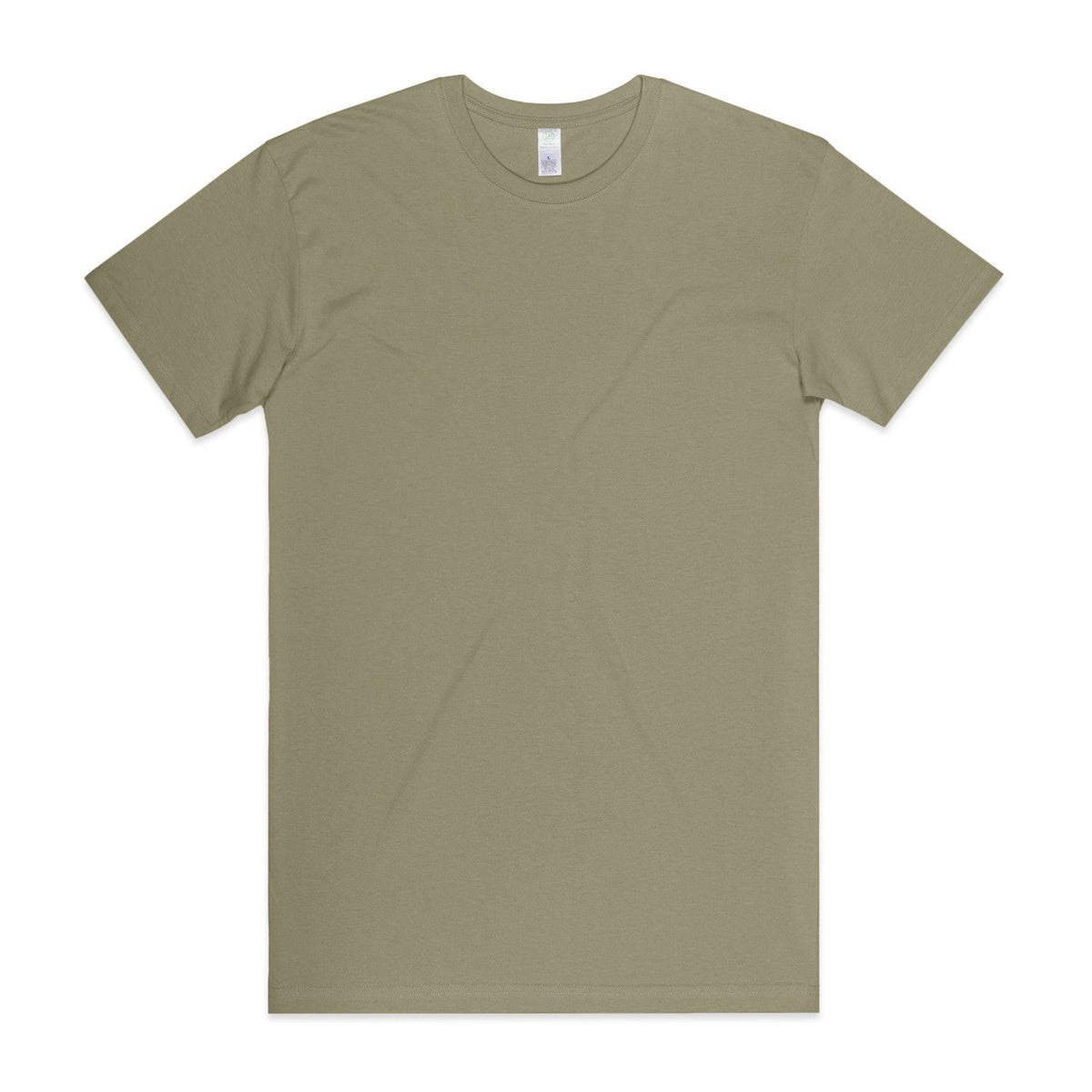 Olive green crew neck t-shirt with short sleeves and a ribbed neckline, likely made of cotton.