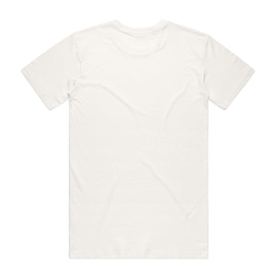 White v-neck t-shirt with short sleeves and ribbed neckline.