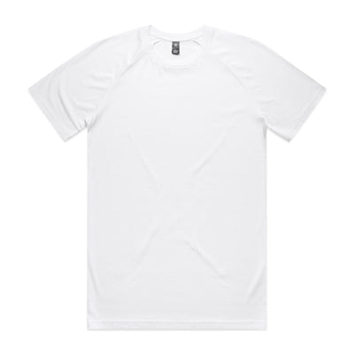 White crew neck t-shirt with short sleeves and a small logo on the left chest.