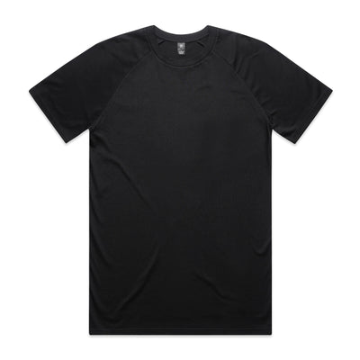 Black crew neck t-shirt with short sleeves and a ribbed neckline, made of cotton.