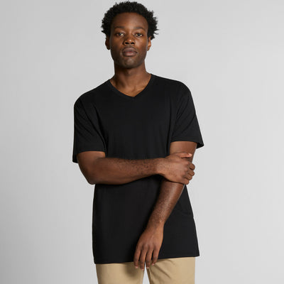 Black v-neck t-shirt with ribbed neckline and short sleeves, made of cotton.