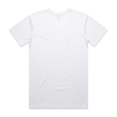 White crew neck t-shirt with short sleeves and a simple design.