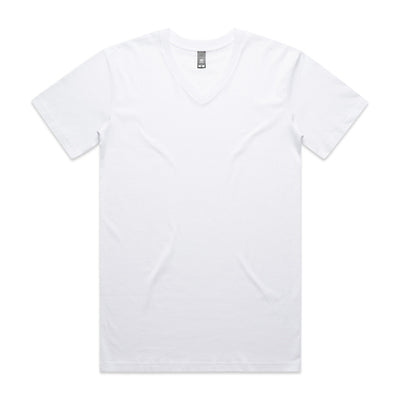 White v-neck t-shirt with short sleeves and a relaxed fit.