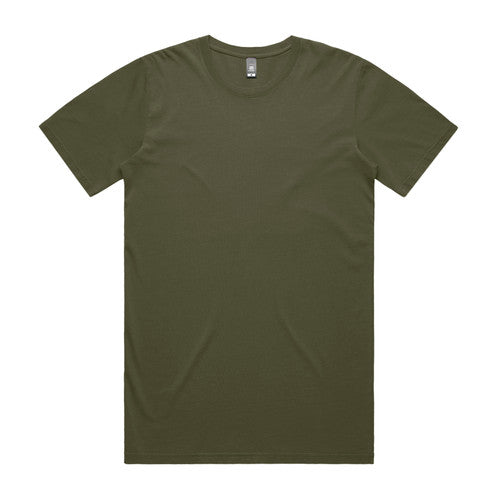 Olive green crew neck t-shirt with short sleeves and a ribbed neckline.