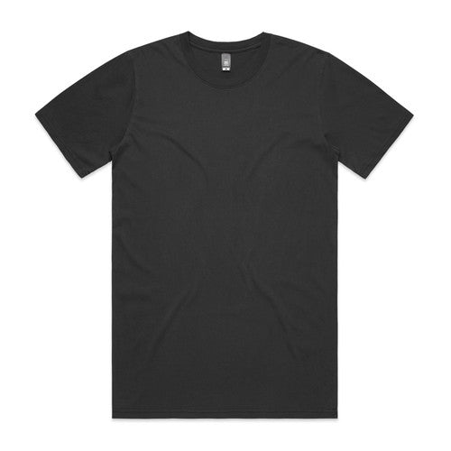 Black crew neck t-shirt with short sleeves and a ribbed neckline.