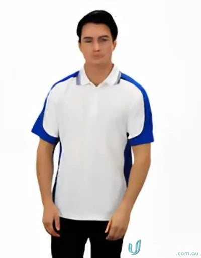White and blue Auburn Polo shirt with sewn-on pocket and moisture management features
