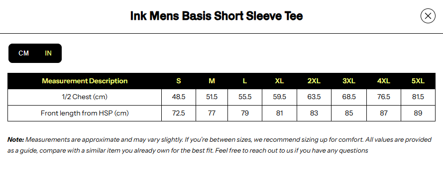 Distillery Classic Tee size chart