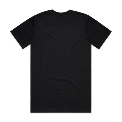 Plain black short-sleeved t-shirt.
