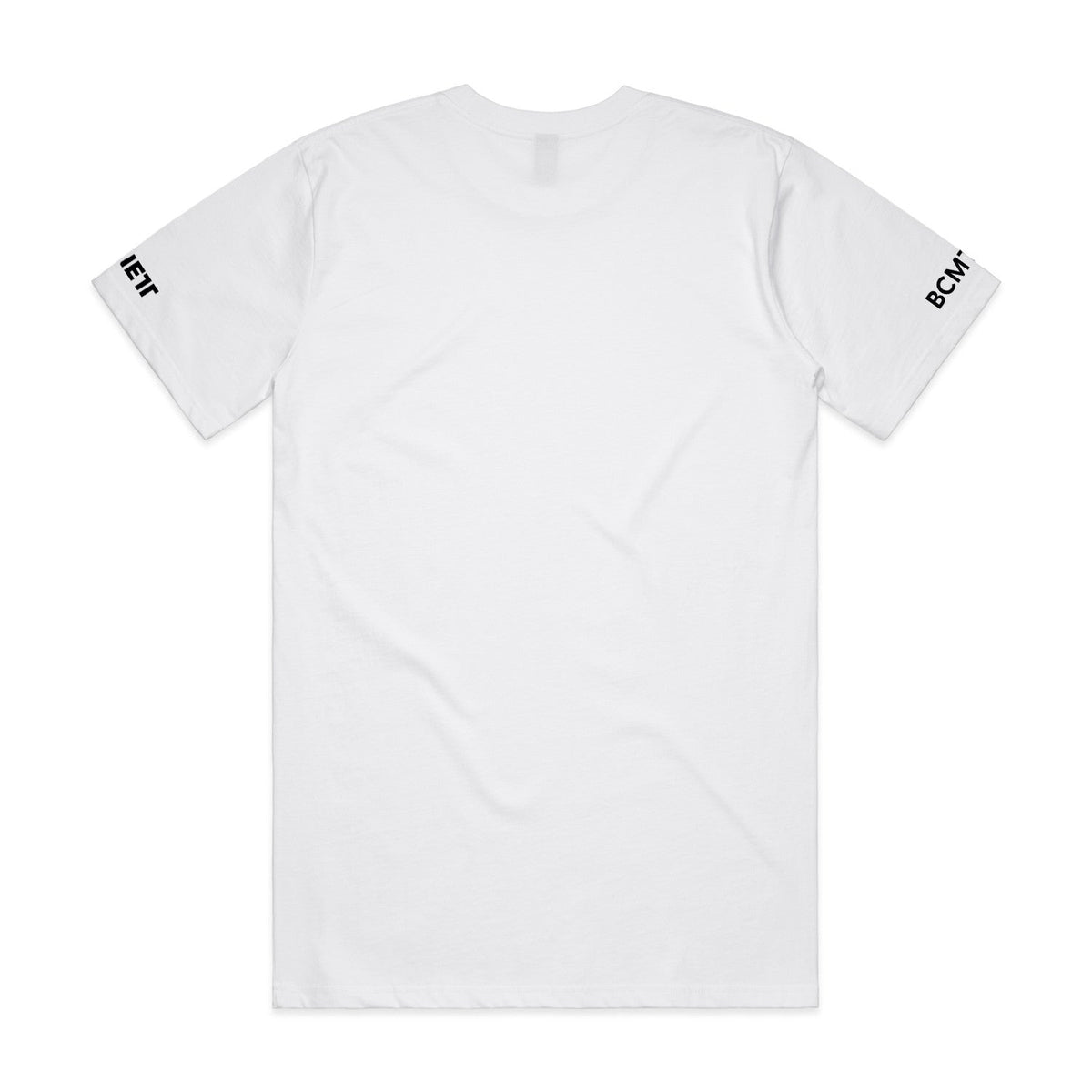 White short-sleeved t-shirt with text on both sleeves.