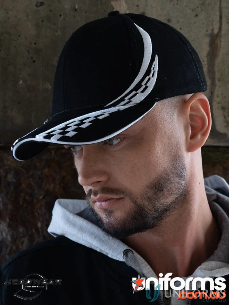 Black baseball cap with swirling checks, white trim, and side design for workwear