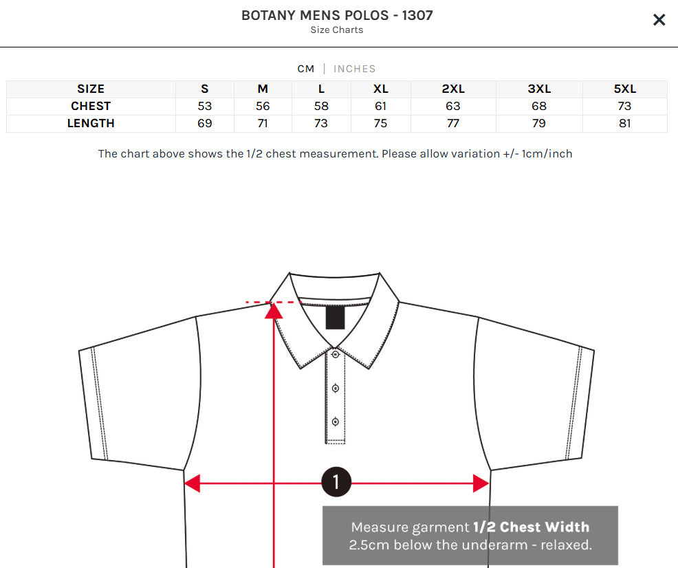 Botany Polo size chart