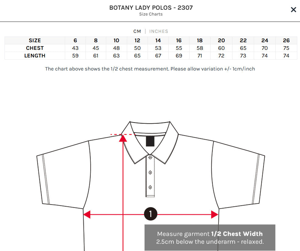 Ladies Botany Polo size chart
