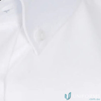 Bradford Fine Oxford LS Shirt with white silk protein fabric and visible top button
