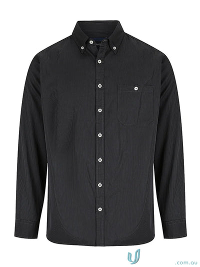 Brody Long Sleeve Shirt in black with fine twill stripe and button-down collar
