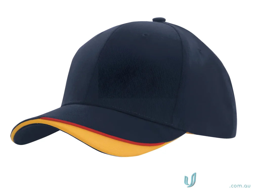 Navy blue baseball cap with yellow and red contour trim in brushed heavy sports twill